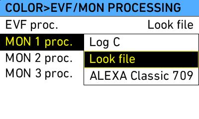 What happens next depends on the choice made in the "MON 1 proc." menu of the "COLOR > EVF/MON PROCESSING" screen. If you choose Log C, the Log C image will be sent directly to the MON OUT 1 output.