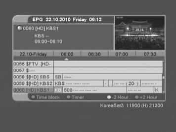 Press the [Blue] button to search for a program by name. 3.10 Program Guide (EPG) Press the [EPG] button to open the program guide. The title and start time of the program will be shown.