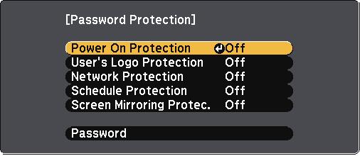 Projector Security Fetures 100 b c d Select Pssword nd press [Enter]. You see the prompt "Chnge the pssword?". Select Yes nd press [Enter].