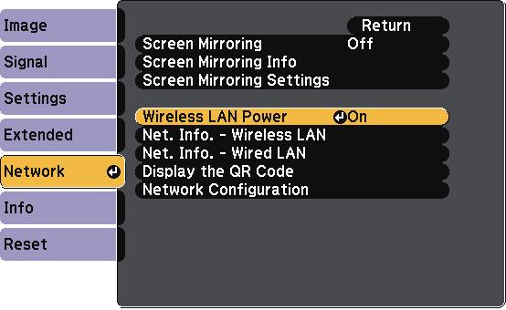 Wireless Network Projection 109 b Connect the wireless LAN module to the USB-A port. Press the [Menu] button, select the Network menu, nd press [Enter].