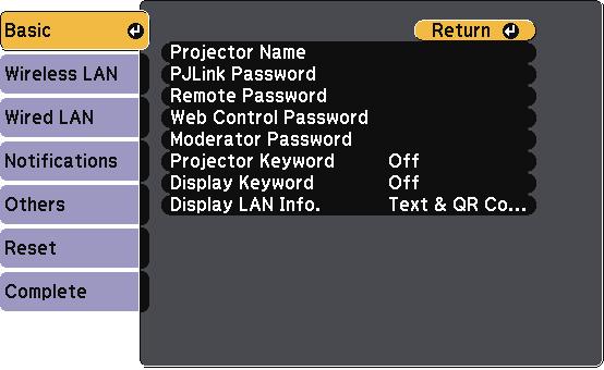 Projector Network Settings - Network Menu 165 Setting Options Description Extended Adjust Imge Qulity Connection Mode Meeting Mode Chnnel Adjusts the screen mirroring speed/qulity.