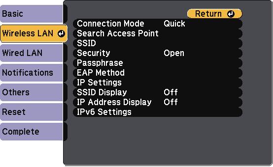 Projector Network Settings - Network Menu 166 Setting Options Description Web Control Pssword Modertor Pssword Projector Keyword Disply Keyword Disply LAN Info.