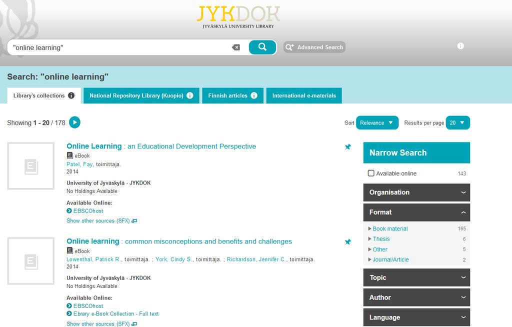 JYKDOK: How to search for information on a topic The search icon Write the topic, e.g. online learning. Click the search icon for results.