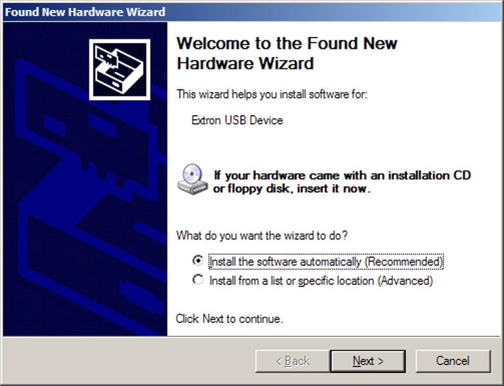 3. (Windows XP and earlier) Click Next. On the next screen, if asked whether to install the driver automatically or from a specific location, select to install the software automatically. Figure 17.
