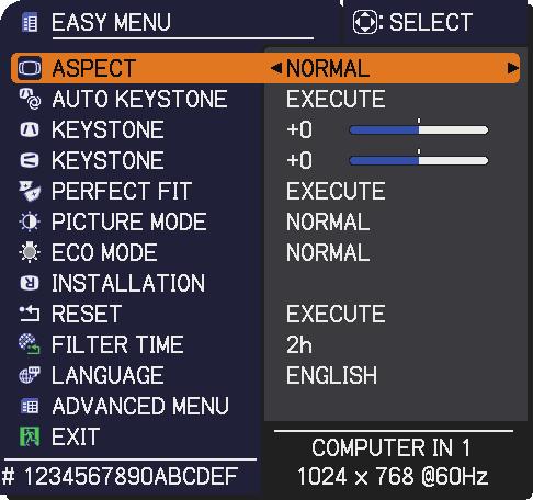 EASY MENU EASY MENU From the EASY MENU, items shown in the table below can be performed. Select an item using the / cursor buttons. Then perform it according to the following table.