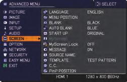 SCREEN menu SCREEN menu From the SCREEN menu, items shown in the table below can be performed.
