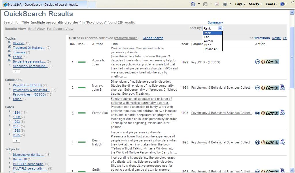 Articles are displayed by Rank, with the most relevant articles displayed at the top of the results list. You can also sort articles by title, author, year, or database.