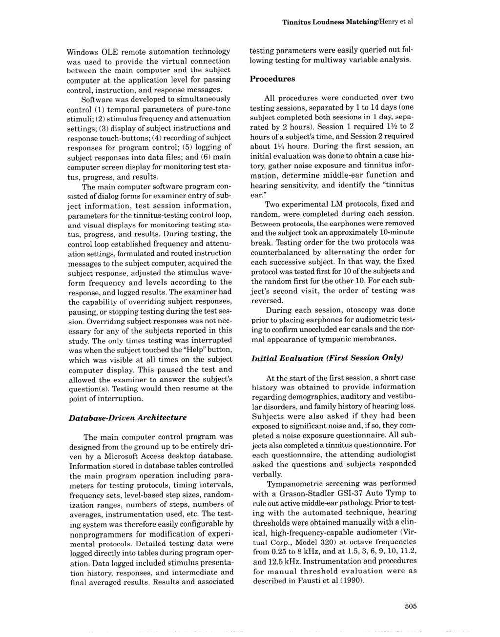 Tinnitus Loudness Matching/Henry et al Windows OLE remote automation technology was used to provide the virtual connection between the main computer and the subject computer at the application level