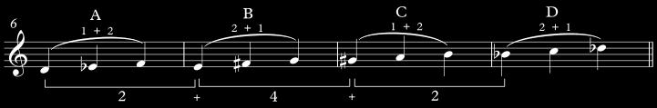 Bars 6 11 contain all trichords of the tune. The next example shows them in their prime forms. [ex 4.4.2.2] The last two trichords are repetitions of the first two.