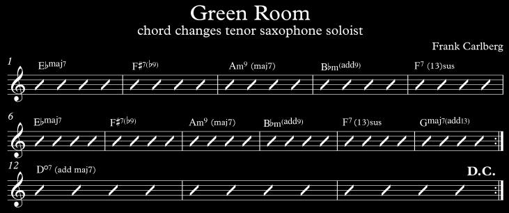 [ex 4.4.2.5] The next example displays the relationship between the basic row, written in the lower staff, the vertical orderings of the trichords (as in example 4.4.2.1), written in the upper staff, and the tenor saxophonist s chord symbols, written above the upper staff.