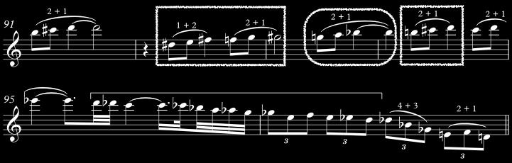The notes under the bracket in the second line are an embellishment of a descending chromatic scale leading to the 4+3 trichord that evokes the temporary tonality of Gbmaj. [ex 4.4.2.