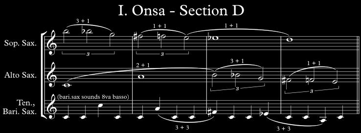they create a C-diminished chord by stacking two rotations of the 3+3 steering chord: c e f, and e f c. [ex 4.5.1.7 Onsa section D theme] Section E repeats the twelve-tone row from section C.