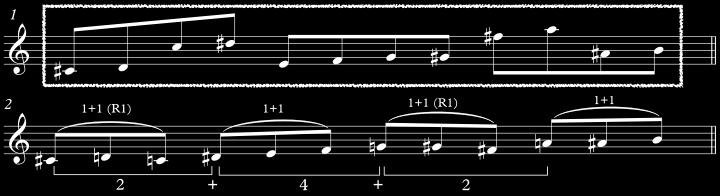 The second line displays its basic twelve-tone row. [ex 4.5.1.8 Onsa section E theme] The example below shows my suggestions for improvisation with the first hour.