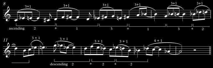 The following fragment of my own tenor saxophone solo shows examples of trichord operations as suggested above. In bars 8 11, I play an ascending sequence of 3+1 trichords.