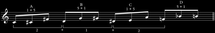 4.5.2 Pontiac In the basic row of Pontiac the 1+5 and 5+1 trichords of the fifth hour are steered by trichord 2+1 from the second hour. [ex 4.5.2.1] The alto saxophone opens section A with the following fragment, created with the steering trichord of the second hour, that will serve as a basic line all through this movement.