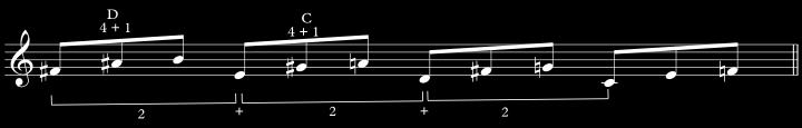 4] The next example shows two chord embellishments that result from two different trichord combinations from the row above.