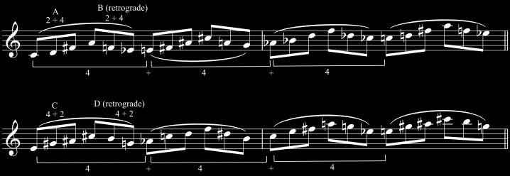 The basic row of trichord 2+4 can also be steered by 3+1, as shown in the next row. [ex 4.7.6.5] The next example shows two lines evoking an intriguing sound.