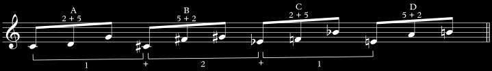 In the first line, the first two notes of all trichords together belong to the c whole tone scale, and all third notes of the trichords together belong to the g whole tone scale.