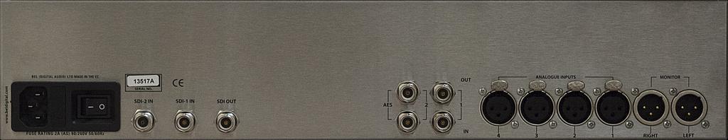 BM-A2-4SHD MKII Rear panel inputs The BM-A2-4SHD MKII accepts SDI video, AES and analogue audio inputs. Four balanced analogue inputs are provided on XLR connectors.