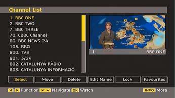 Then the name and number of the selected channel will be displayed in the top-left and top-right of the channel display at the top-right of the screen, respectively.