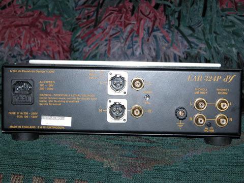 Rear view of the E.A.R. 324; inputs are to the right (Phono 1 for MC/MM is far right, while Phono 2 for MM only is one input set over), with the input selector button just under those RCAs.