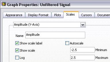 f. Select Amplitude (Y-Axis) from the top pull-down menu and repeat steps c e so the y-axis configuration matches the x-axis configuration. g. On the Scales page, select Amplitude (Y-Axis). h.