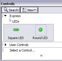 Complete the following steps to add a warning light to the VI. a. On the front panel, display the Controls palette by right-clicking any blank space. b. On the Express palette, select the LEDs subpalette.