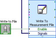 e. Right-click the Comment input of the Write To Measurement File Express VI and click Select Input/Output» Enable from the shortcut menu to replace the Comment input with the Enable input.