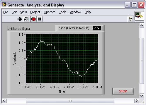 Wire the Result output of the Formula Express VI to the Unfiltered Signal indicator and to the Signals input of the Amplitude and Level Measurements Express VI. i. Display the front panel by pressing the <Ctrl-E> keys.
