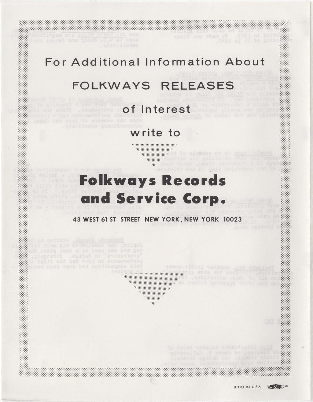 :.;.;.;.;.; For Add it ion a I I n form a t ion Abo u t ::::::.;::: FOLKWAYS RELEASES of Interest w rite to..........::::::::::::::::::... :::::::::'...................... FolkYlays Records and Service Corp.