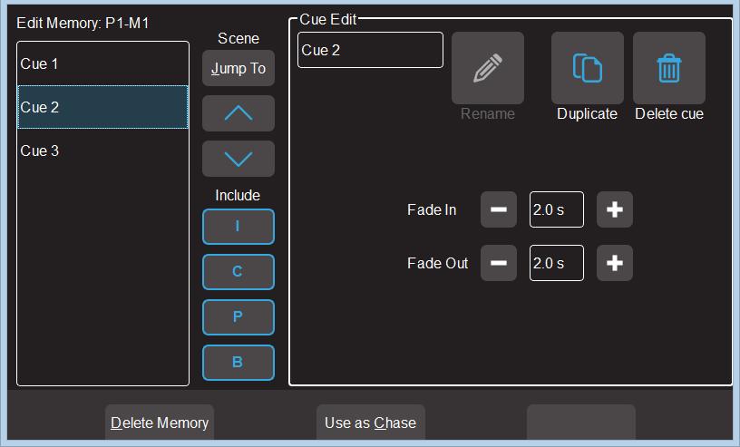 Touching any playback icon opens the Edit Memory screen. Touch a cue to select/de-select it. Multiple cues can be selected. Using this screen you can: Select a Cue then directly Jump To that cue.