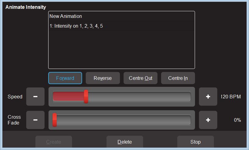 10.3 ANIMATION CONTROLS Fixture selection order Modes Speed Cross Fade Create Delete Stop/Start All animation Apps have Slider controls for: Speed in BPM (Beats Per Minute) Crossfade between steps