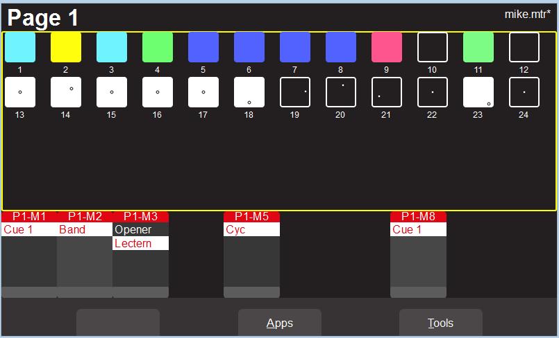 12.1 OVERVIEW 12 Recording Cues When you have adjusted the intensity and colour of your fixtures and possibly created an animation(s) or shapes, the current output of the MantraLite can be recorded