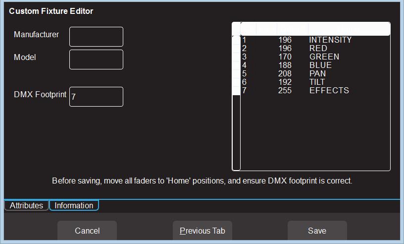 The editor opens on the "Attributes" Tab. Connect the new fixture to the MantraLite DMX output. Ensure that the Fixture editor and the new fixture are set to the same DMX address.