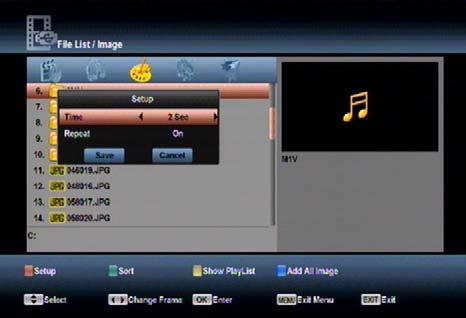 Yellow Key: Show one operation window: please select play list type by Yellow key, you can select Music or Image play by Left/Right Arrow key, open the selected Play list if press OK key.