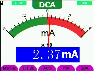 OWON Handheld DSO & DMM 6-Using the Multimeter 1. Press the A key and DCA appears at the top of the screen. The unit on the main reading screen is ma.