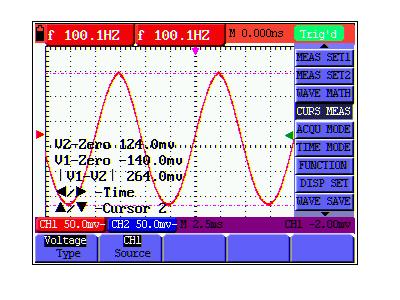OWON Handheld DSO & DMM 7-Advanced Function of Oscilloscope 6. Press and hold the OSC OPTION key till / CURSOR V2 appears on the screen.