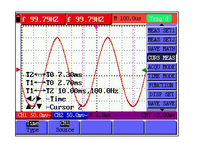 OWON Handheld DSO & DMM 7-Advanced Function of Oscilloscope figure 46: Use the Cursor for a Time Measurement 7.