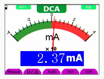 6-Using the Multimeter 6.4.7 Measuring DC Current To measure a DC current which is less than 400 ma, do the following: 1. Press the A key and DCA appears at the top of the screen.