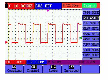 7-Advanced Function of Oscilloscope Figure 37: DC Coupling 7.2.2 Open and Close Settings on Channel With CH1 taken for example. Press F2 Channel key first, and then OFF to make a Close setting on CH1.
