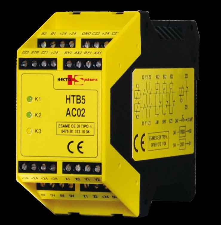 Relay AC02 - AC03 - AC04 AC02 It is Ideal for connections between barrier Red Beam and actuating mechanism of machinery equipment. It has 3 N.O. and 3 N.C. contacts completely separated and one additional closed contact, used to connect to acoustic or visual-warning device.