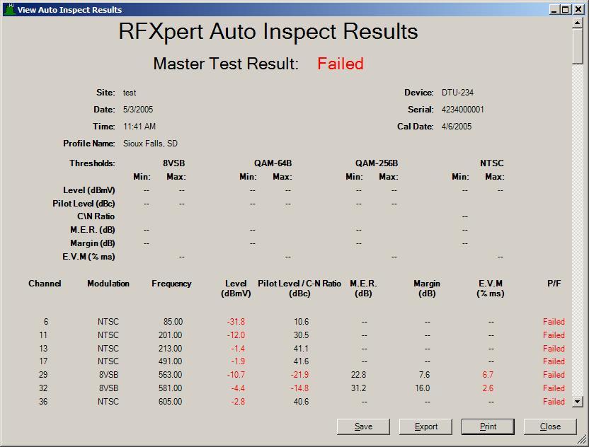 RFXpert Auto Inspect Report The Auto Inspect report will not be saved until you click on the Save or Export buttons at lower right corner of the inspection report. Save will create a file (.