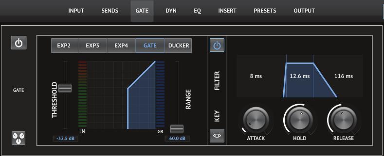 Access the Key Filter parameters by pressing this button. 1. Select a source for the key filter. 1. Engage the gate with the on/off button.