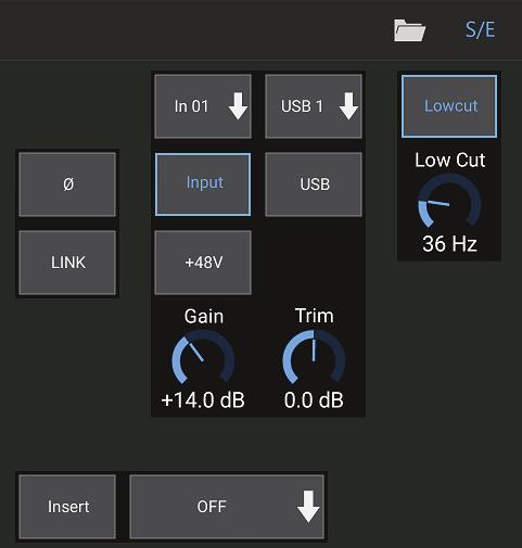 The Channel Strip gives quick reference to the status of various preamp settings, and allows access to Gate, Dynamics, EQ, Pan and Input controls.