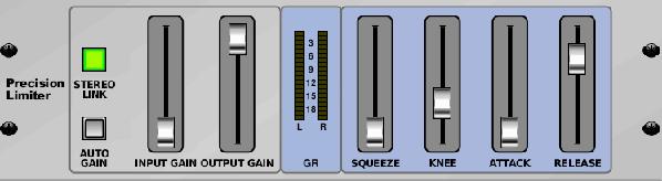 STEREO LINK applies limiting to both channels equally when activated. INPUT GAIN provides up to 18 db of gain to the input signal prior to limiting.