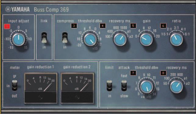 Graphic EQ, Parametric EQ, effects, and Premium Rack Buss Comp 369 Buss Comp 369 emulates a standard bus compressor that has been used in recording studios and broadcasting stations since the 1980s.