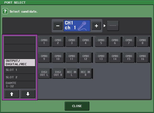 Input and output patching PORT SELECT window Displayed when you press the DIRECT OUT PATCH button in the one-channel or the eightchannel INSERT/DIRECT OUT window.