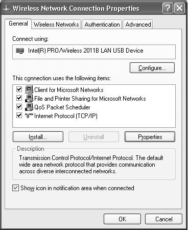 ) Depending on your computer s wireless network adapter card, the dialog boxes you see may be different than those shown in this section. 1. Access your wireless network Properties window.