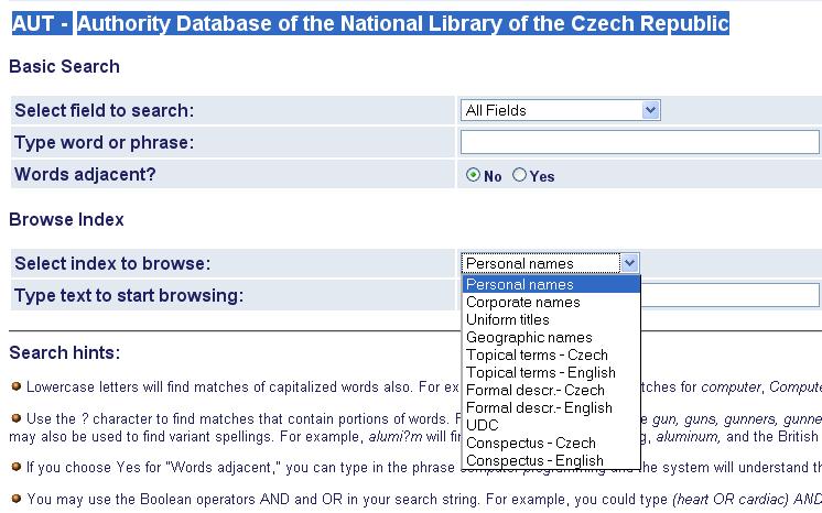 Authority Database of the National Library of the Czech Republic 1996+, 2000+ Cooperative project The database is created on