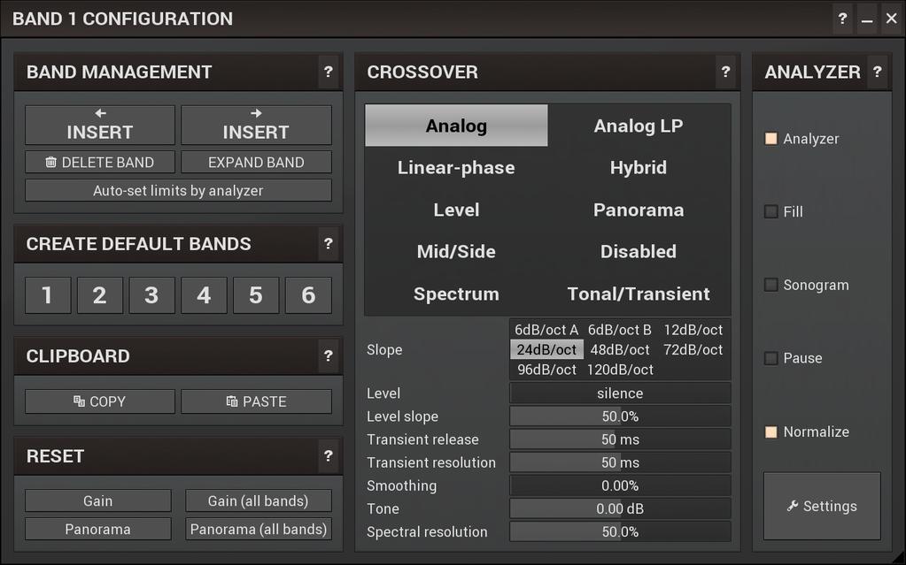 Band editor Band editor displays the available frequency bands, the crossover frequencies delimiting them, and the input gains and panoramic positions.
